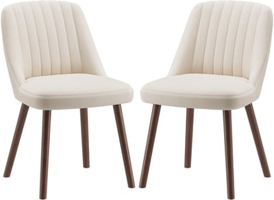 COLAMY Lot van 2 eetkamerstoelen - moderne keukenstoelen met schelpvormige rugleuning - zacht stof - massief houten poten - Scandinavisch design-geschikt voor eetkamer, woonkamer en restaurant-beige