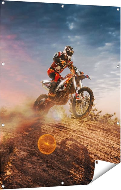Gards Tuinposter Motorcross op een Heuvel bij Zonsondergang - 90x120 cm - Tuindoek - Tuindecoratie - Wanddecoratie buiten - Tuinschilderij