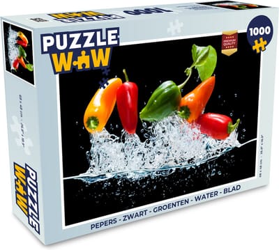 Puzzel Pepers - Zwart - Groenten - Water - Blad - Legpuzzel - Puzzel 1000 stukjes volwassenen