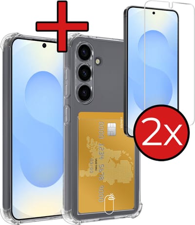 Hoesje - Geschikt voor Samsung Galaxy S25 - Met 2x Screenprotector - Pashouder - Kaarthouder - Back Cover - Telefoon Hoes Shockproof - Siliconen Case - Shock Proof - Pasjes Houder - Telefoonhoes - Transparant