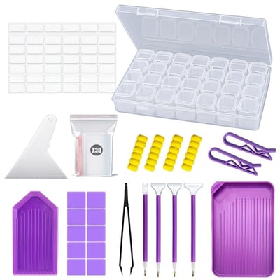 Transparant paars Diamond Painting pakket dames en heren opbergdoos accessoires set 56 stuks kunststof opberg bakjes tools compleet DIY hulpmiddelen