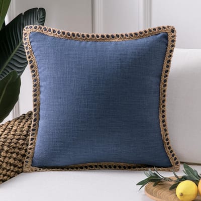 Decoratieve linnen kussensloop blauw met textuureffect, bijgesneden pasvorm