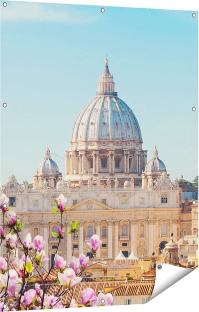 Gards Tuinposter Sint Pietersbasiliek in Rome met Bloemen - 90x120 cm - Tuindoek - Tuindecoratie - Wanddecoratie buiten - Tuinschilderij