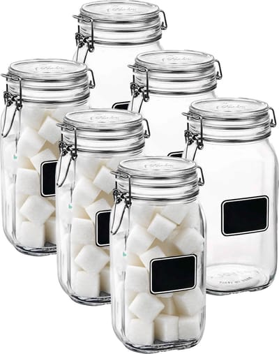 Bormioli Rocco Voorraad/weckpot - 6x - glas - transparant - krijtplaatje - 22 x 10,6 cm - 1 L