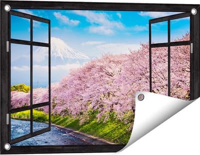 Gards Tuinposter Doorkijk Roze Bloesembomen bij de Fuji Berg - 60x40 cm - Tuindoek - Tuindecoratie - Wanddecoratie buiten - Tuinschilderij