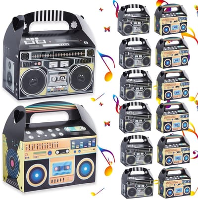 Dailygoods- Geschenkdozen met deksel - 12 stuks - Vintage radio-motief - Veelkleurig - Papiervulling - Afmetingen 16 x 9,5 x 9,5 cm - Cadeaudozen