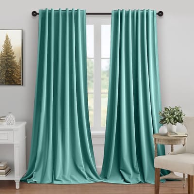 MUPOO Hotelkwaliteit Luxe Velours verduisterend Gordijnen Kant en Klaar 2 Stuks -Zware kwaliteit 260 GSM-Isolerend & tegen kou -Tochtwerend - 3-in-1 ophangsysteem-Woonkamer &Slaapkamer - Blauwgroen - 132x274 cm