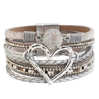 Zilverkleurige Wikkel armband voor dames met Goudkleurig Hart & Strass – Luxe Boho Design met Magneetsluiting voor vrouwen