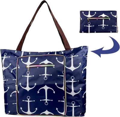 Vouwbare Strandtas voor Dames, Grote Shopper met Rits, Ideaal voor Vakantie en Sport, 45.7 x 10.2 x 43.2 cm, Blauw en Geel
