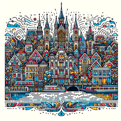 Doodle groningen schilderij | Groningse, levendige chaos: Kunstzinnige verbeelding van Doodle Groningen Artwork | Kunst - 100x100 centimeter op Canvas | Foto op Canvas