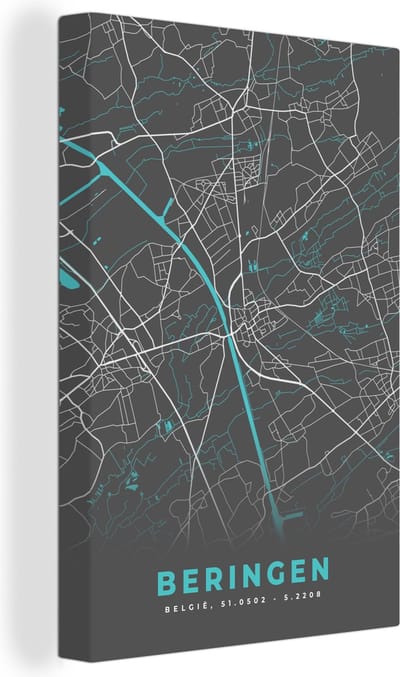 Canvas Schilderij Stadskaart – Grijs - Kaart – Beringen – België – Plattegrond - 20x30 cm - Wanddecoratie