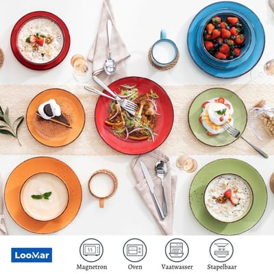 LooMar Luxe Serviesset – 16 delig – 4 persoons – Porselein - Bordenset – Dinner platen – Dessertborden - Kommen - Mokken - Set - Meerdere Kleuren