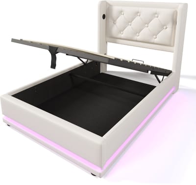 Gestoffeerd eenpersoonsbed van 90 x 200 cm, wit PU-materiaal, hydraulisch opbergbed, gestoffeerd hoofdeinde met USB Type-C-oplaadfunctie, driezijdige ledverlichting (matras niet inbegrepen).