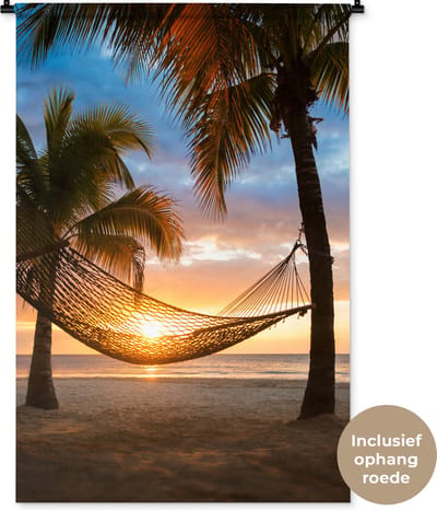 Wandkleed - Wanddoek - Zonsondergang - Hangmat - Palmboom - 90x135 cm - Wandtapijt