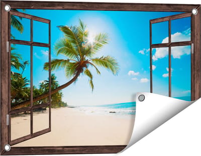 Gards Tuinposter Doorkijk Tropisch Strand en Zee in Sri Lanka - 60x40 cm - Tuindoek - Tuindecoratie - Wanddecoratie buiten - Tuinschilderij