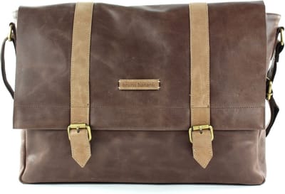 bruno banani Leren Schoudertas Laptoptas met laptopvak Glenn Postbag Brown Bruine