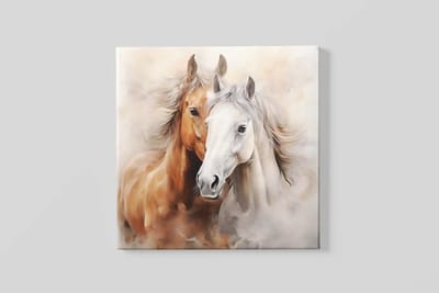 Vierkant Canvas Schilderij - Paarden - Wit en Bruin - Dierenkunst - 40x40x2 cm