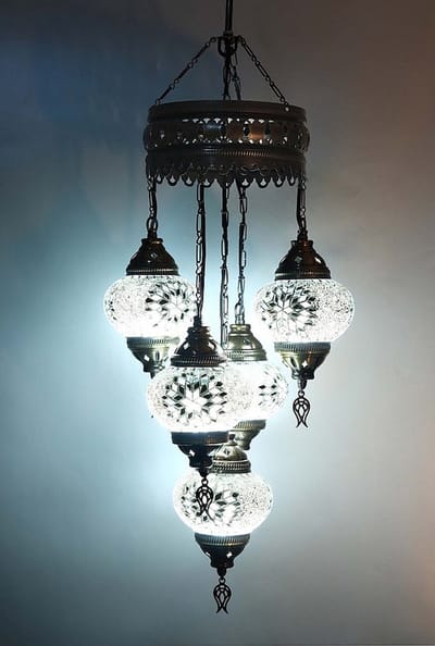 Turkse hanglamp - mozaïek glas wit - 5 bollen - hoogte 110 cm - E-14 fittingen