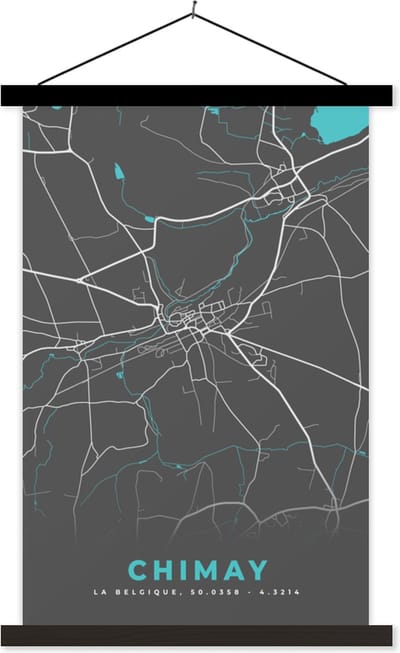 Posterhanger incl. Poster 40x60 cm - Schoolplaat - Kaart – Plattegrond – Stadskaart – Chimay – België - Grijs - Textielposter - Zwarte latten - Stadskaart