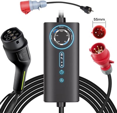 Hexinex Mobiele Thuislader 11kW - CEE naar Type 2 stekker EV oplader - 6 meter Laadkabel - 6A/8A/10A/13A/16A Huidige instelling - Schuko-adapter