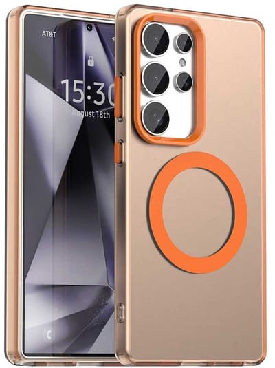 MagSafe Compatibel Backcover Hoesje Geschikt voor Samsung Galaxy S25 Ultra - Oranje & Semi-Transparant Design - Stijlvol & Goede Bescherming