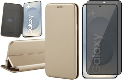 Hoesje geschikt voor Samsung Galaxy S25 - Privacy Screenprotector Volledig Dekkend Glas - Wallet Book Case Goud