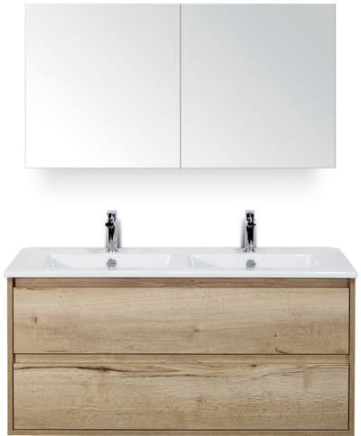 Porto Badmeubelset 120 cm - 2 Laden Natuur Eiken - Keramische Wastafel Wit Slim met Spiegelkast