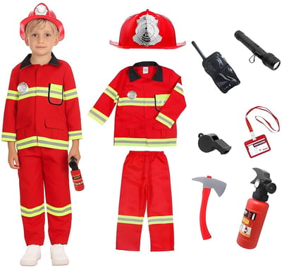 Dailygoods- Brandweerkostuum Kind - 8-delige Accessoires - Verkleed Kostuum - Carnavalskostuum - Geschikt voor 2-14 jaar - Veiligheidswaarschuwing 001 liter - Verkleedkostuum