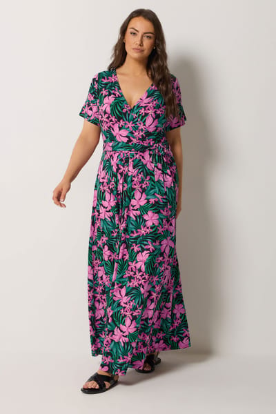 Yours Roze En Groene Tropische Wikkeljurk Size 44