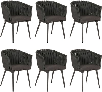 Set van 6 aluminium eetkamerstoelen MCW-N38, armleuning binnenstoel, Olefin rope weave Touw ~ antraciet Kussen donkergrijs
