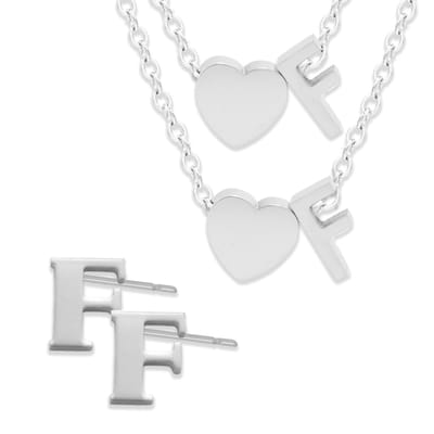 Initiaal Ketting & Armband & Oorbellen set met Letter F Zilverkleurig - Stainless Steel - Met letter & Hartje! - 3x Sieraden Cadeau - Pax Amare