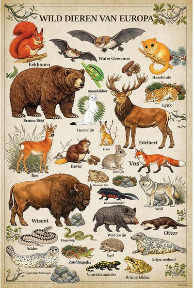 Vintage Poster Wilde Dieren van Europa - 43 x 61 cm - Kleurmedia® Retro Botanische Collectie 2026 - Posters met Nederlandse Benamingen