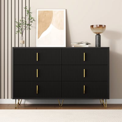 REDOM - Dressoir - 6 Laden - Modern Minimalistisch - Met Golfstructuur - Voor Woonkamer Of Eetkamer - Spaanplaat - Zwart Goud - 120 x 40 x 77 cm