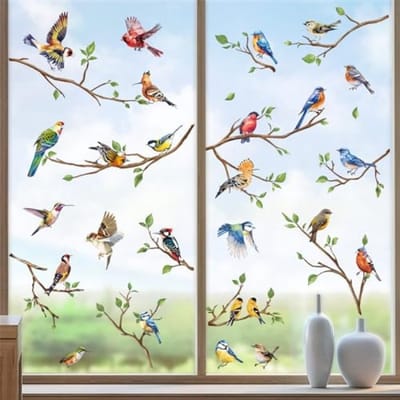 Raamsticker Set Lente Thema - 8 Stuks Dubbelzijdige Vogel en Boomtak Decoratie voor Ramen en Glas - Veilig Zelfklevend Vinyl zonder Residu - Felgekleurd voor Binnen en Buiten