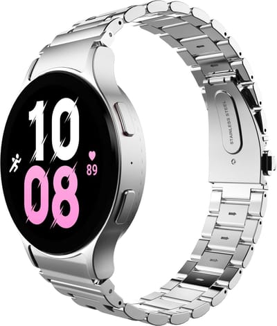 Cazy horlogebandje geschikt voor Samsung Galaxy Watch Bandje (PrimeSteel) - Smartwatchbandjes (+Horloge inkortset) - Universeel bandje voor Samsung Galaxy Watch 7 / Watch 6 / Watch 5 / Watch 4 / Watch FE - Zilver