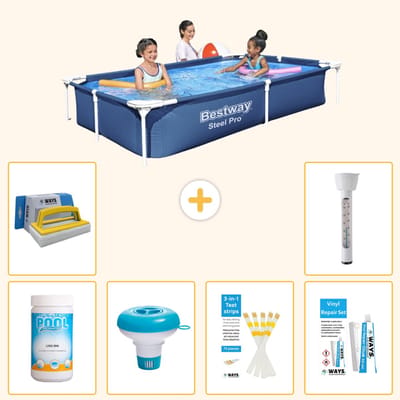 Bestway Rechthoekig Steel Pro Zwembad - 221 x 150 x 43 cm - Blauw - Inclusief Chloor - Chloordrijver - Testrips - Reparatiesetje - Scrubborstel - Thermometer - 7-delig