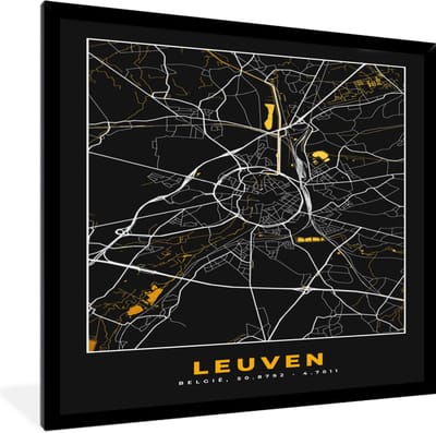 Fotolijst incl. Poster - Stadskaart - Leuven - Kaart - Goud - Plattegrond - 40x40 cm - Posterlijst