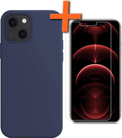Hoes - Met Screenprotector - Geschikt voor Apple iPhone 13 Mini - Sterk & Shockproof - Back Cover - Siliconen Case - Telefoon Hoes - Donkerblauw