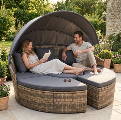 Multifunctioneel Zonne-eiland Santorini voor 2 Personen met Kussens, UV- en Weerbestendig Loungebed met Zonnescherm, Modulair Tuin Ligbed Naturel – House& Garden