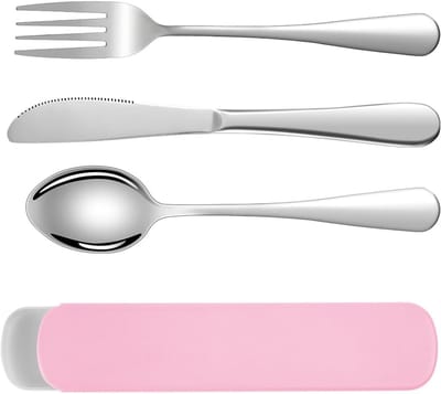 Bestek set, 3 stuks Herbruikbare Gebruiksvoorwerpen Set, draagbare roestvrijstalen bestek met plastic Doos, draagbaar keukengerei voor buitenreizen Picknickkantoor Schoollunchbox - roze