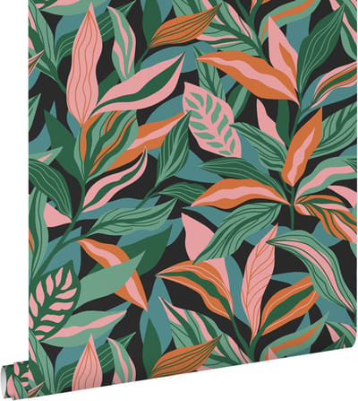 ESTAhome behang tropische bladeren turquoise, roze en oranje - 50 x 900 cm - 131046