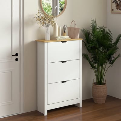 Wishdor - Schoenenkast - 3 Kleppen - Ruimtebesparend - Voor Hal - Spaanplaat - Wit - 72 X 26 X 112 Cm