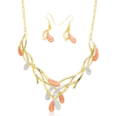 Dames sieradenset – Ketting en oorbellen – Blad en tak design – Rood, blauw en goud – Milieuvriendelijke legering