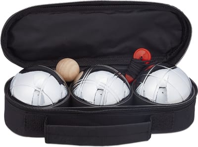 jeu de boules set - 3 metalen ballen - met but en afstandmeter - draagtas - zilver-zwart