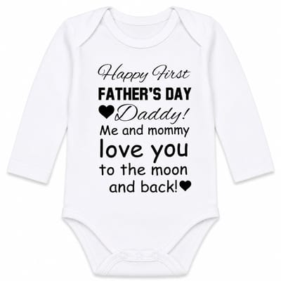 Baby Rompertje tekst papa eerste Vaderdag cadeau van mama | Happy first father’s Day daddy me and mommy love you to the moon and back | lange mouwen | wit zwart | maat 50-56 | mooiste cadeautje kind liefste lief leukste mijn is de allerbeste best