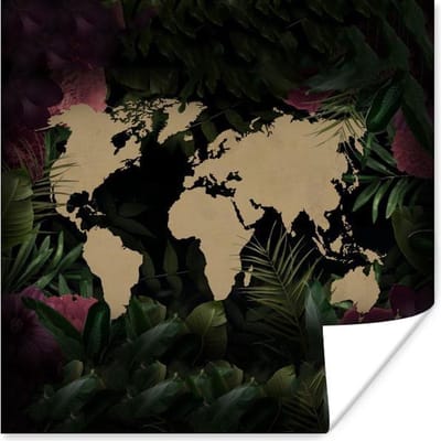 Poster 30x30 cm - Wereldkaart - Bruin - Bladeren - Posters - Kamer decoratie - Wanddecoratie woonkamer - Muurdecoratie slaapkamer