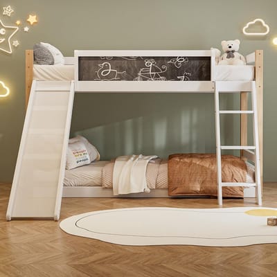 Stapelbed met glijbaan en trap, Kinderbed 90x200 cm, Inclusief lattenbodem, Veiligheid voor 2 kinderen