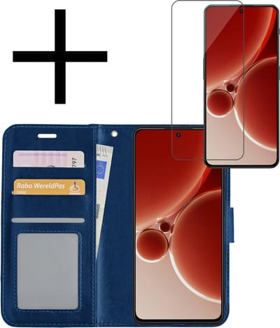 Hoesje - Met Screenprotector - Geschikt voor OnePlus Nord 3 - Luxe Pasjeshouder - Bookcase Portemonee - Flip Case - Kunstleer Book Case - Flipcase - Book Cover - Walletcase - Portemonneehoes - Donkerblauw