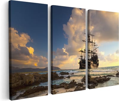 Artaza Canvas Schilderij Drieluik Piratenschip aan de Kust bij Zonsondergang - 180x120 - Groot - Foto Op Canvas - Canvas Print