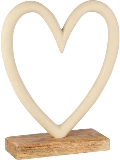 Dekoratief | Deco hart op voet, cr?me, aluminium/hout, 15x5x18cm | A258139